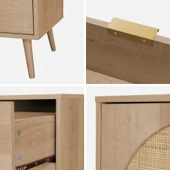 Buffet de rangement. Eva. décor bois et cannage arrondi. 2 portes 3 tiroirs. buffet bas. L 150 x l 39 x H 79cm