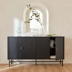 Buffet de rangement noir. Bazalt. quatre portes. deux étagères. buffet haut. vaisselier. L 157.5 x l 39 x H 83cm