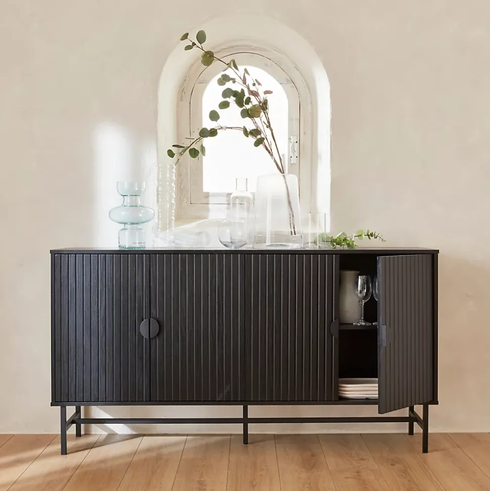 Buffet de rangement noir. Bazalt. quatre portes. deux étagères. buffet haut. vaisselier. L 157.5 x l 39 x H 83cm