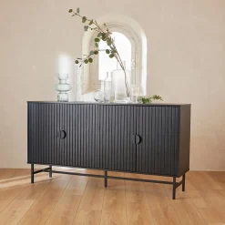 Buffet de rangement noir. Bazalt. quatre portes. deux étagères. buffet haut. vaisselier. L 157.5 x l 39 x H 83cm