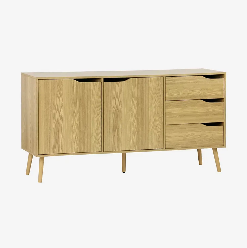 Buffet de rangement scandinave. buffet haut. vaisselier. 2 portes. 3 tiroirs. effet frêne. 160cm