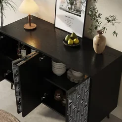 Buffet de rangement 120x35x78 cm noir avec portes sculptées motif chevrons style moderne