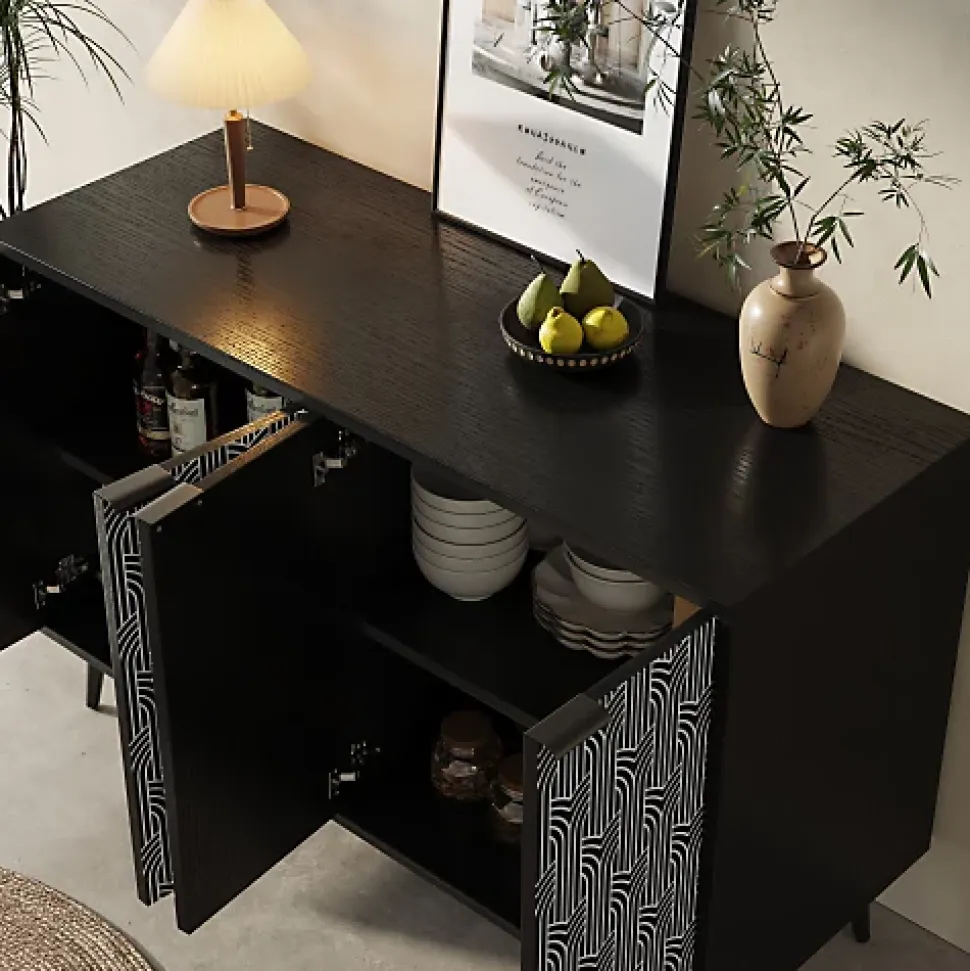 Buffet de rangement 120x35x78 cm noir avec portes sculptées motif chevrons style moderne