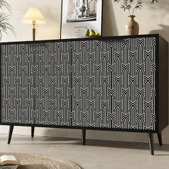 Buffet de rangement 120x35x78 cm noir avec portes sculptées motif chevrons style moderne
