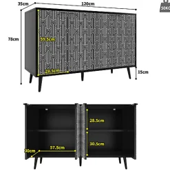 Buffet de rangement 120x35x78 cm noir avec portes sculptées motif chevrons style moderne