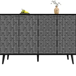 Buffet de rangement 120x35x78 cm noir avec portes sculptées motif chevrons style moderne