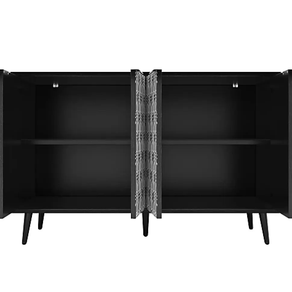 Buffet de rangement 120x35x78 cm noir avec portes sculptées motif chevrons style moderne