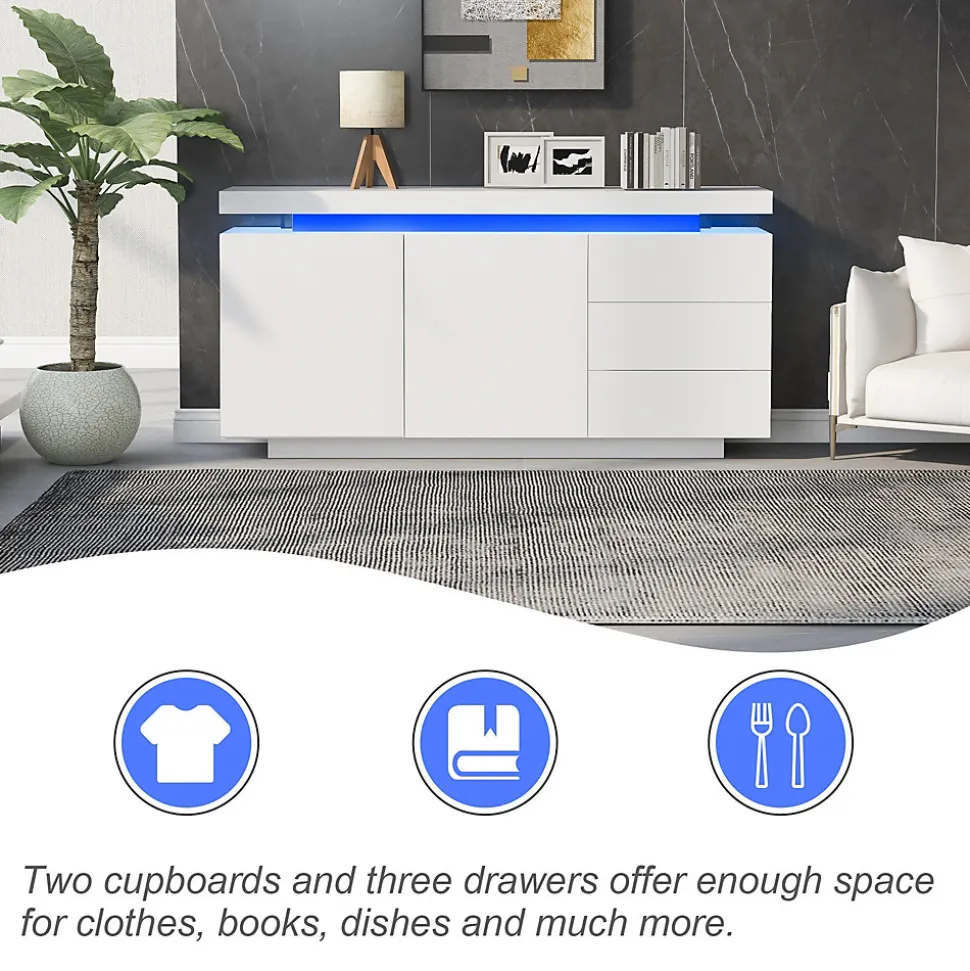 Buffet De Salon Moderne, 2 Portes, 3 Tiroirs, Avec Éclairage LED, 140 X 35 X 72,5 Cm - Blanc