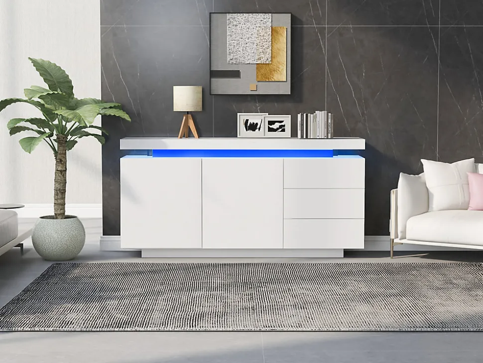 Buffet De Salon Moderne, 2 Portes, 3 Tiroirs, Avec Éclairage LED, 140 X 35 X 72,5 Cm - Blanc