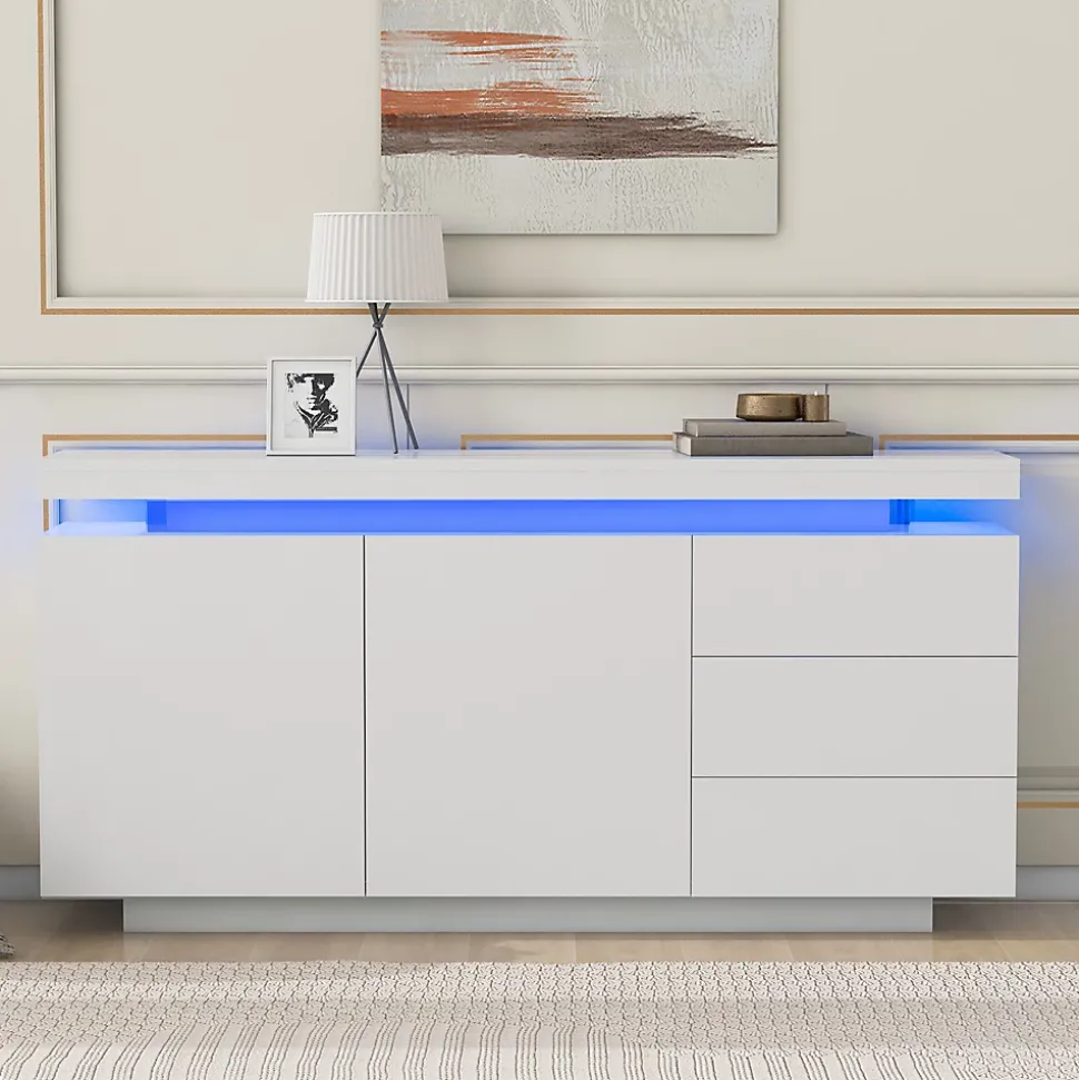 Buffet De Salon Moderne, 2 Portes, 3 Tiroirs, Avec Éclairage LED, 140 X 35 X 72,5 Cm - Blanc