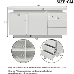 Buffet De Salon Moderne, 2 Portes, 3 Tiroirs, Avec Éclairage LED, 140 X 35 X 72,5 Cm - Blanc