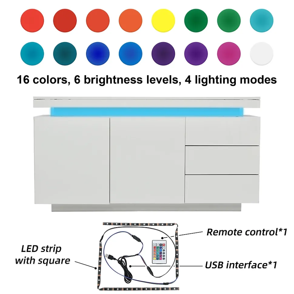 Buffet De Salon Moderne, 2 Portes, 3 Tiroirs, Avec Éclairage LED, 140 X 35 X 72,5 Cm - Blanc