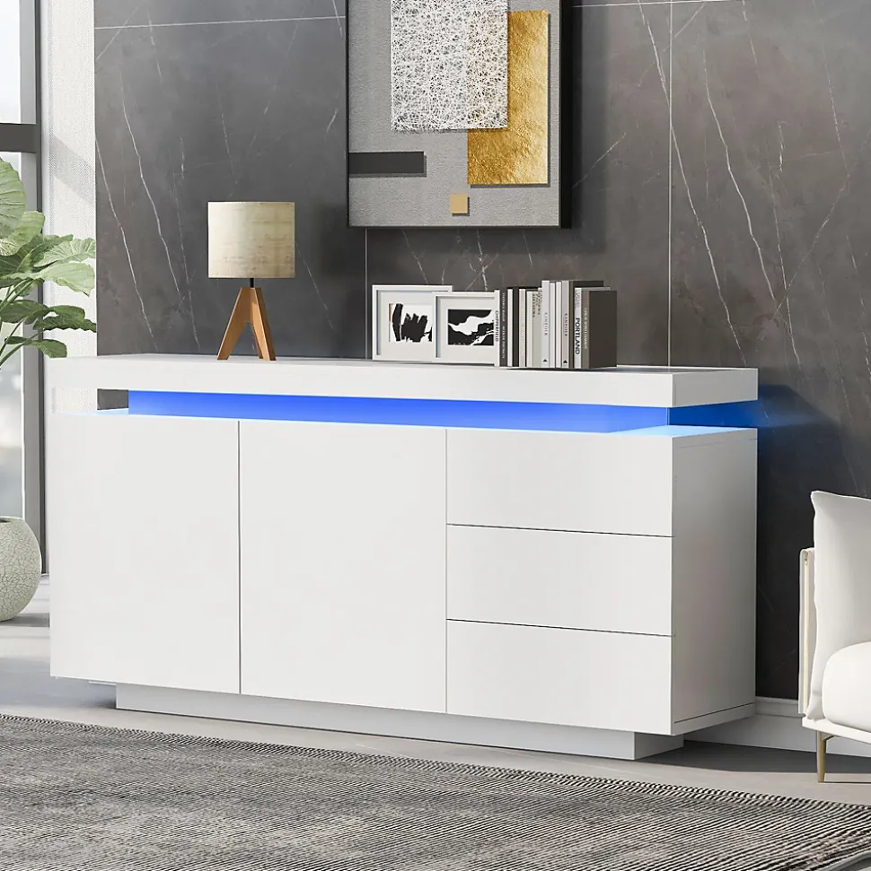 Buffet De Salon Moderne, 2 Portes, 3 Tiroirs, Avec Éclairage LED, 140 X 35 X 72,5 Cm - Blanc