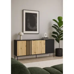 Buffet design IZO 4 portes Noir onyx & Chene clair 220x92x40 cm
