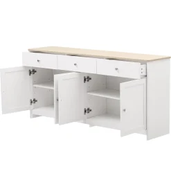 Buffet en Bois Blanc, Meuble de Rangement, Quatre Portes, Trois Tiroirs, étagère réglable, Cuisine,160X37X75CM