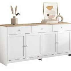 Buffet en Bois Blanc, Meuble de Rangement, Quatre Portes, Trois Tiroirs, étagère réglable, Cuisine,160X37X75CM