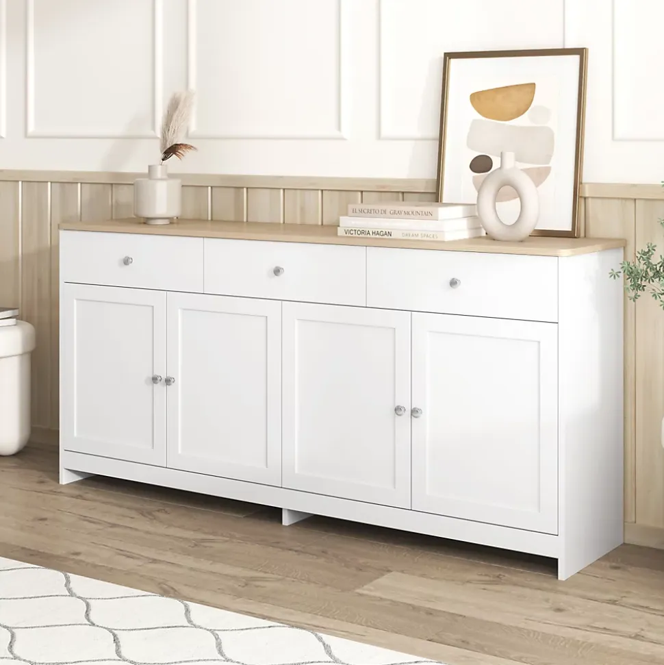 Buffet en Bois Blanc, Meuble de Rangement, Quatre Portes, Trois Tiroirs, étagère réglable, Cuisine,160X37X75CM