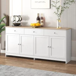 Buffet en Bois Blanc, Meuble de Rangement, Quatre Portes, Trois Tiroirs, étagère réglable, Cuisine,160X37X75CM