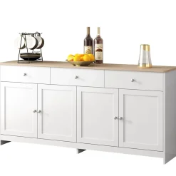 Buffet en Bois Blanc, Meuble de Rangement, Quatre Portes, Trois Tiroirs, étagère réglable, Cuisine,160X37X75CM