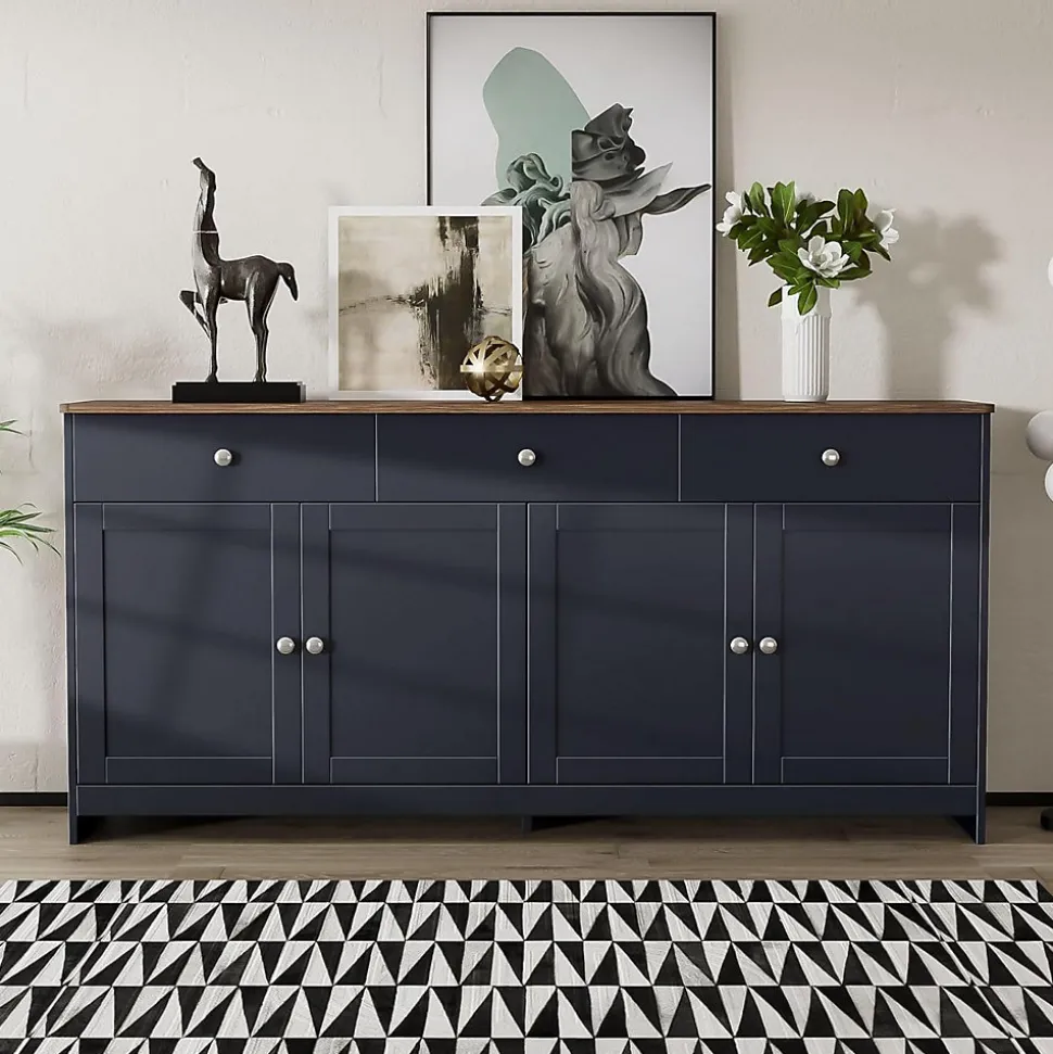 Buffet En Bois,160X 37 X75CM, Quatre Portes, Trois Tiroirs, Couleur Bois Et Gris Noir