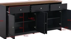 Buffet En Bois,160X 37 X75CM, Quatre Portes, Trois Tiroirs, Couleur Bois Et Gris Noir