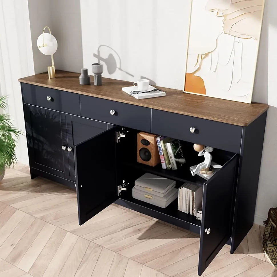 Buffet En Bois,160X 37 X75CM, Quatre Portes, Trois Tiroirs, Couleur Bois Et Gris Noir