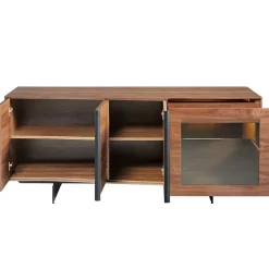 Buffet en noyer et acier noir avec éclairage intérieur