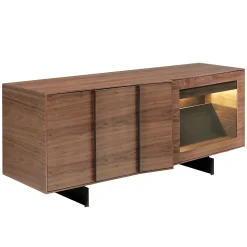 Buffet en noyer et acier noir avec éclairage intérieur