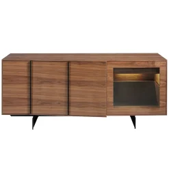 Buffet en noyer et acier noir avec éclairage intérieur