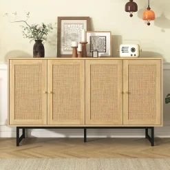 Buffet en rotin véritable, 140 x 39,5 x 80 cm, avec 4 portes, aspect bois, pieds noirs mat et poignées dorées, couleur bois