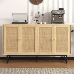 Buffet en rotin véritable, 140 x 39,5 x 80 cm, avec 4 portes, aspect bois, pieds noirs mat et poignées dorées, couleur bois
