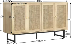 Buffet en rotin véritable, 140 x 39,5 x 80 cm, avec 4 portes, aspect bois, pieds noirs mat et poignées dorées, couleur bois
