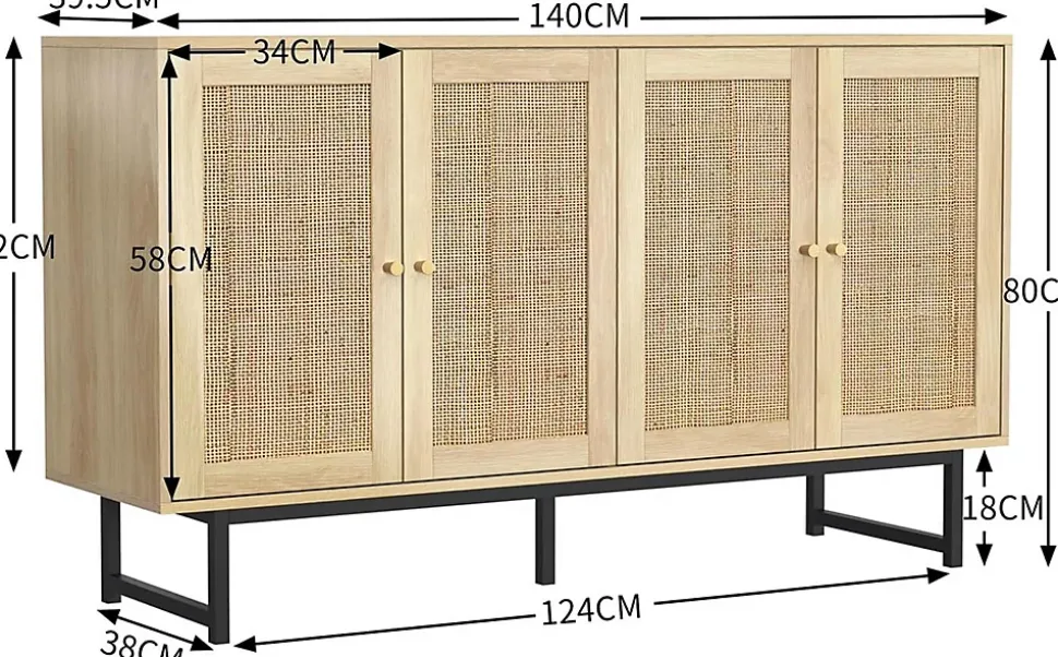 Buffet en rotin véritable, 140 x 39,5 x 80 cm, avec 4 portes, aspect bois, pieds noirs mat et poignées dorées, couleur bois