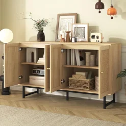 Buffet en rotin véritable, 140 x 39,5 x 80 cm, avec 4 portes, aspect bois, pieds noirs mat et poignées dorées, couleur bois