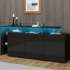 Buffet Finition Brillante LED Intégré et 2 Portes, Meuble de Rangement en Panneaux de Particules et Verre - 160x35x70 cm - Noir