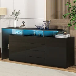 Buffet Finition Brillante LED Intégré et 2 Portes, Meuble de Rangement en Panneaux de Particules et Verre - 160x35x70 cm - Noir
