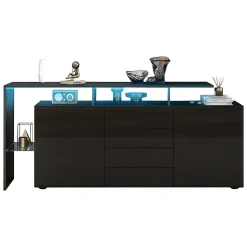 Buffet Finition Brillante LED Intégré et 2 Portes, Meuble de Rangement en Panneaux de Particules et Verre - 160x35x70 cm - Noir