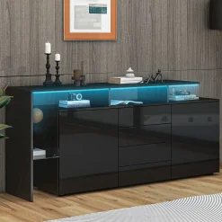 Buffet Finition Brillante LED Intégré et 2 Portes, Meuble de Rangement en Panneaux de Particules et Verre - 160x35x70 cm - Noir