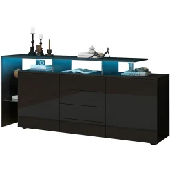 Buffet Finition Brillante LED Intégré et 2 Portes, Meuble de Rangement en Panneaux de Particules et Verre - 160x35x70 cm - Noir