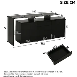 Buffet Finition Brillante LED Intégré et 2 Portes, Meuble de Rangement en Panneaux de Particules et Verre - 160x35x70 cm - Noir