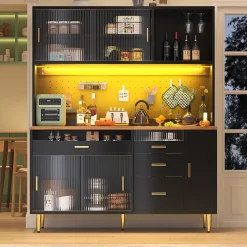 Buffet Haut - Armoire de Rangement avec Panneau Perforé et LED Intégrée - avec Tiroirs et Étagères Ajustables - en MDF - Noir