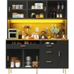 Buffet Haut - Armoire de Rangement avec Panneau Perforé et LED Intégrée - avec Tiroirs et Étagères Ajustables - en MDF - Noir
