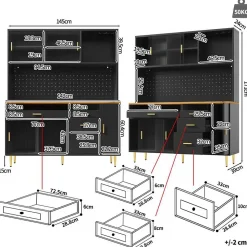 Buffet Haut - Armoire de Rangement avec Panneau Perforé et LED Intégrée - avec Tiroirs et Étagères Ajustables - en MDF - Noir