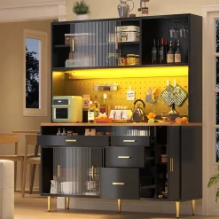 Buffet Haut - Armoire de Rangement avec Panneau Perforé et LED Intégrée - avec Tiroirs et Étagères Ajustables - en MDF - Noir
