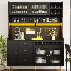 Buffet Haut - Armoire de Rangement avec LED et Étagères Réglables - avec Tiroirs et Porte-Bouteilles - en MDF - Noir