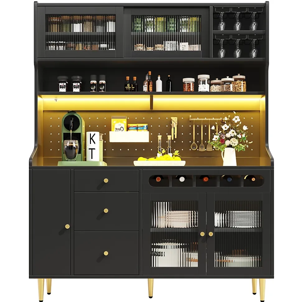 Buffet Haut - Armoire de Rangement avec LED et Étagères Réglables - avec Tiroirs et Porte-Bouteilles - en MDF - Noir