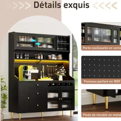 Buffet Haut - Armoire de Rangement avec LED et Étagères Réglables - avec Tiroirs et Porte-Bouteilles - en MDF - Noir
