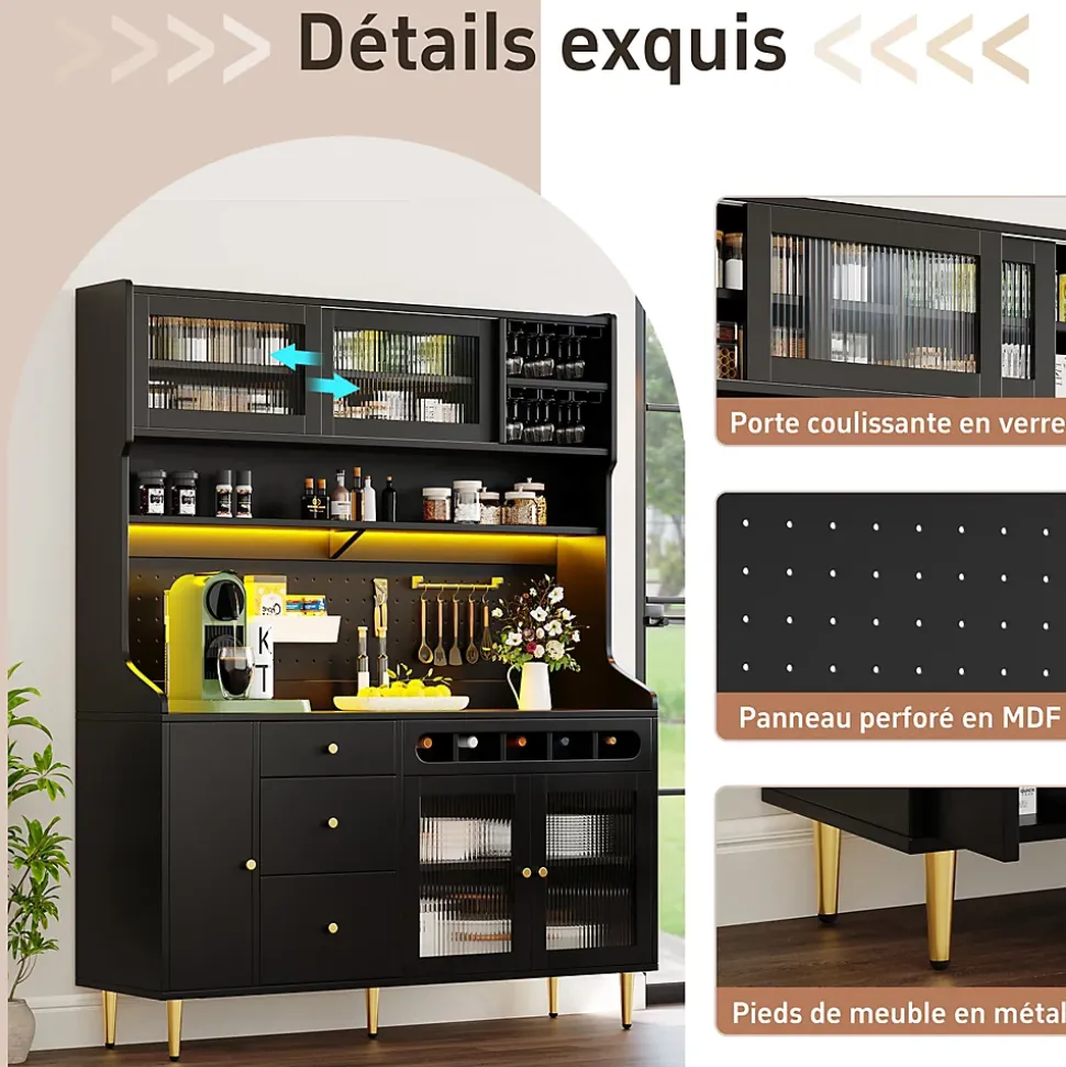 Buffet Haut - Armoire de Rangement avec LED et Étagères Réglables - avec Tiroirs et Porte-Bouteilles - en MDF - Noir
