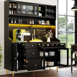 Buffet Haut - Armoire de Rangement avec LED et Étagères Réglables - avec Tiroirs et Porte-Bouteilles - en MDF - Noir