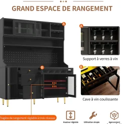 Buffet Haut - Armoire de Rangement avec LED et Étagères Réglables - avec Tiroirs et Porte-Bouteilles - en MDF - Noir